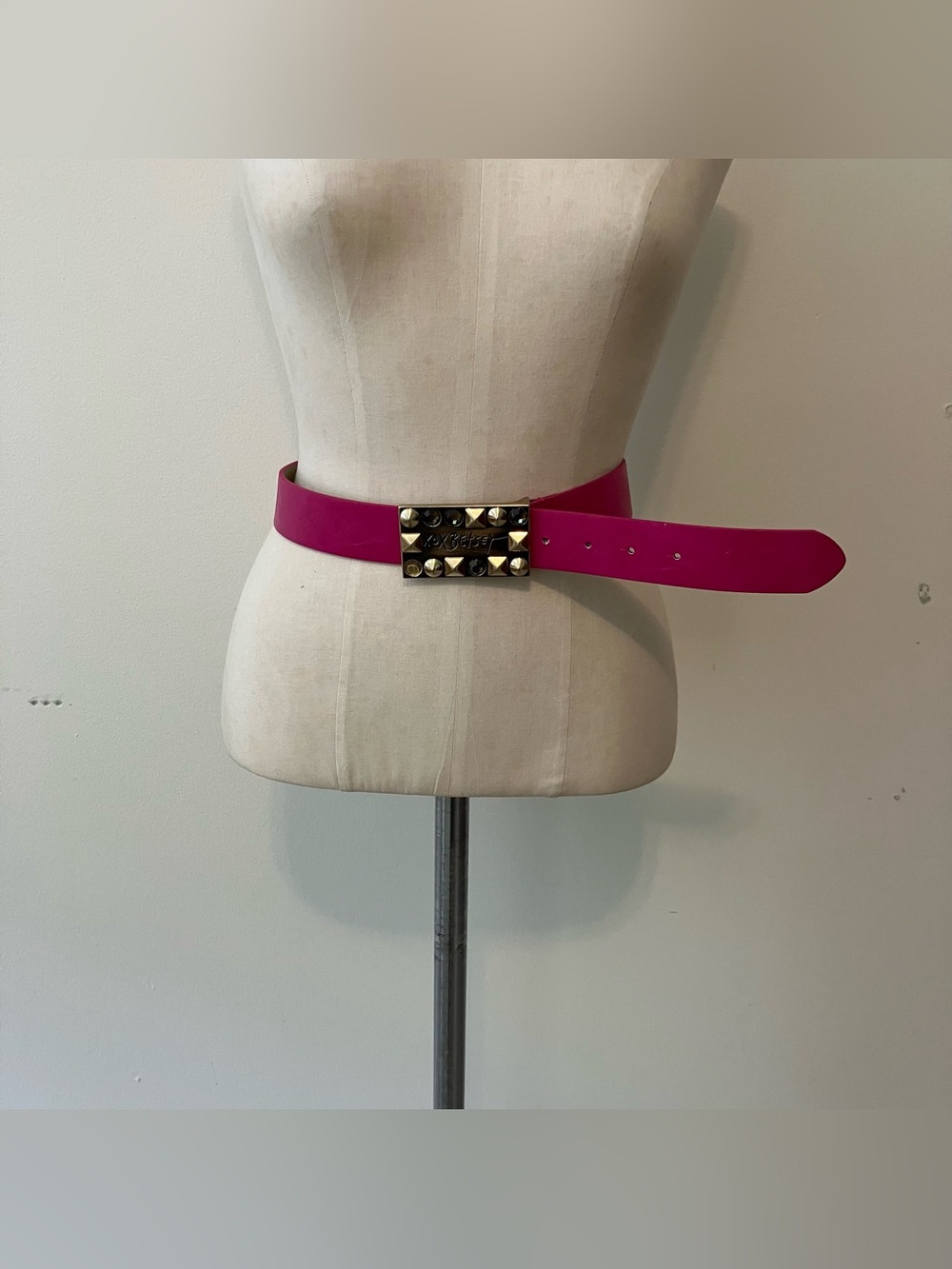 Betsey Johnson Pink Vegan Leather Belt Statement Studded Buckle Glam Boho Sz. S